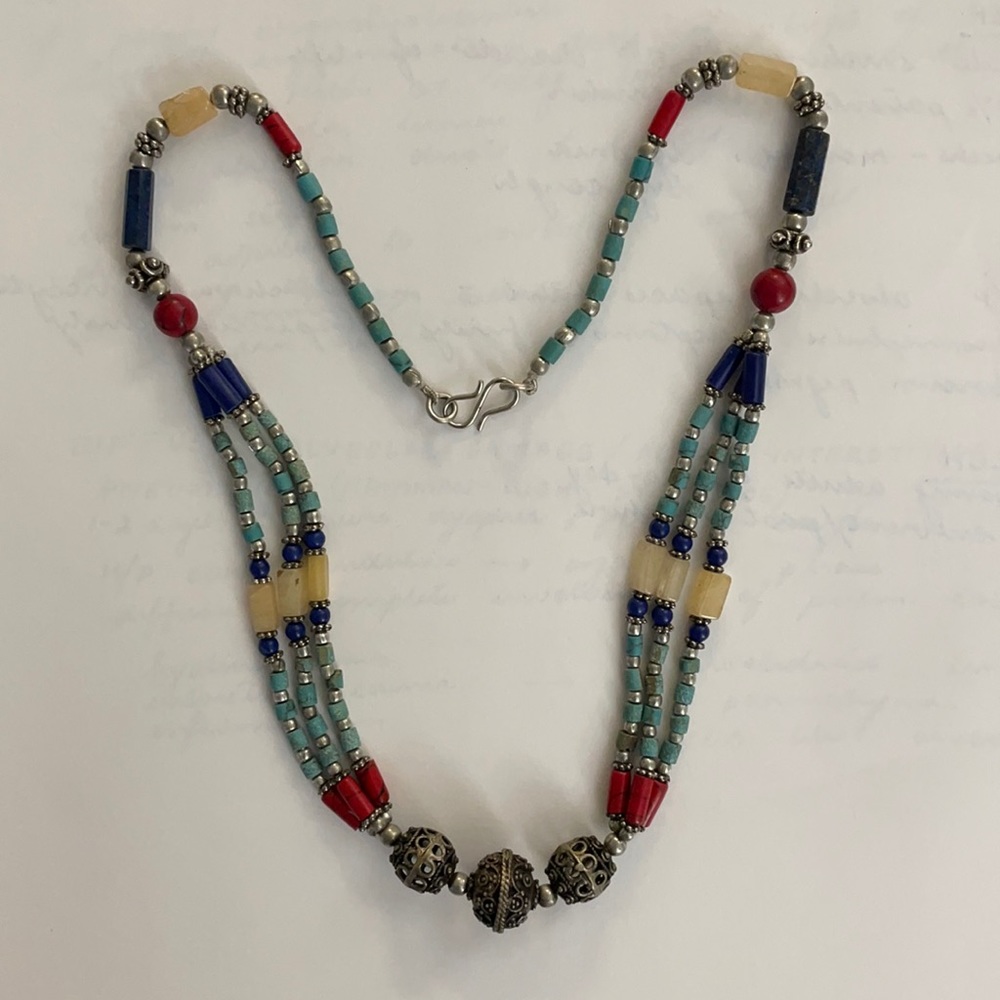 Tibetan silver and turquoise necklace, 45 cm